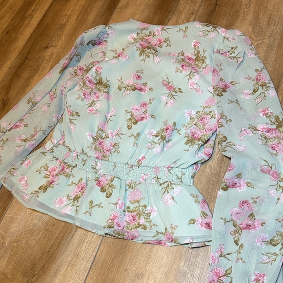 Express Floral V-Neck Blouse - Light Green and Pink - Picture 6 of 6